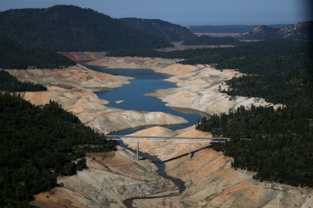 OROVILLE, CA - AUGUST 19: A section of Lake Oroville is seen nearly dry on August 19, 2014 in Oroville, California. As the severe drought in California continues for a third straight year, water levels in the State's lakes and reservoirs is reaching historic lows. Lake Oroville is currently at 32 percent of its total 3,537,577 acre feet. (Photo by Justin Sullivan/Getty Images)